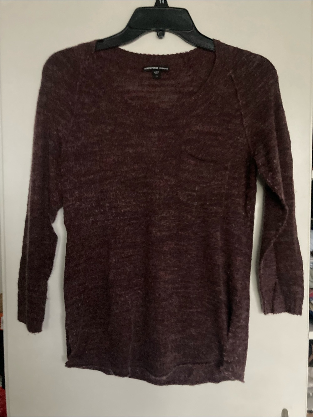 James Perse Marled Crewneck Sweater - Plum/ Burgundy Light knit split sides